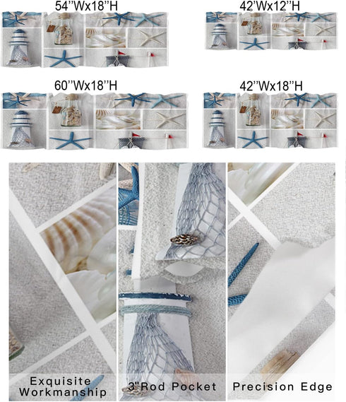 Summer Coastal Grid Valances Curtain for Kitchen Cafe, Ocean Starfish Lighthouse Window Valance Short Curtains 42"x 12" Rod Pocket Windows Treatme...
