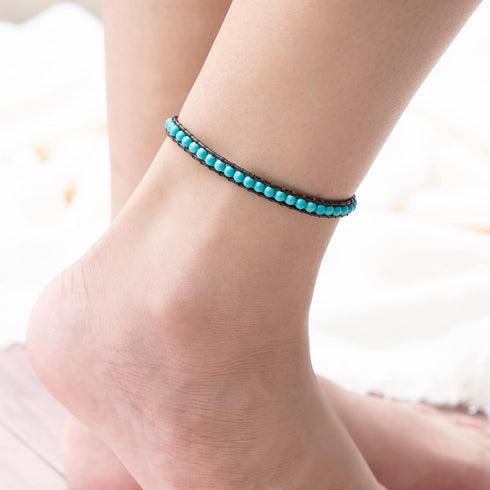 Infinityee888 Anklet Turquoise Bead 10 Inches Anklet Bracelet Woven with Leather Cord Handmade Hippie Bohemian Unisex Style Gift Idea for Men and ...