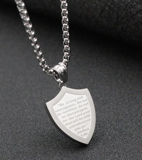 Lemu Stainless Steel Men Shield Armor of God Joshua 1:9 Faith Cross Pendant Necklace (Pendant with Chain 24 inches)...