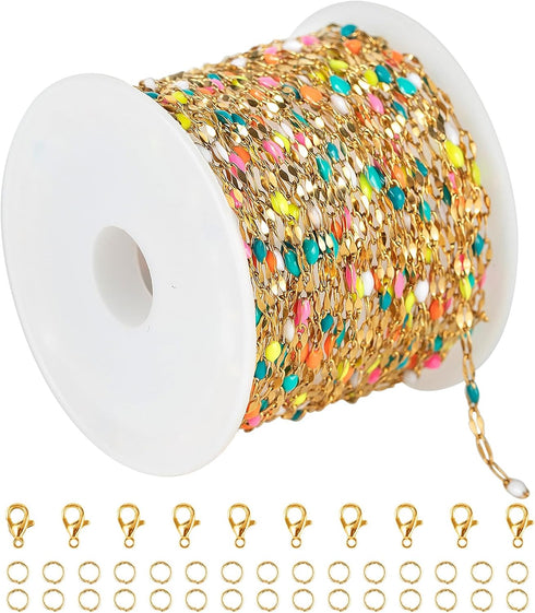 UMAOKANG 16.4ft/5m Gold Plated Stainless Steel Chains Bulk Mixed Color Enamel Bead Chain Spool for Jewelry Making with Jump Rings and Lobster Clas...