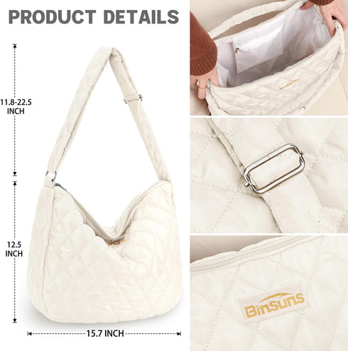 Women's Quilted Shoulder Bag - Lightweight Large Puffer Tote Bag Padded Cross Body Bag Hobo Bags...