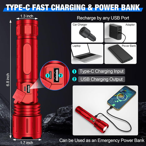 Flashlights High Lumens Rechargeable, 100000 Lumens Super Bright LED Powerful Flashlight, Type-C, 5 Modes, Zoomable, IPX5 Waterproof High Powered ...