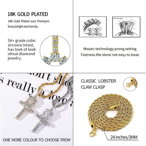 JINAO Silver Plated Iced Out Egyptian Ankh Cross Simulated Diamond Pendant Necklace with Stainless Rope Chain...