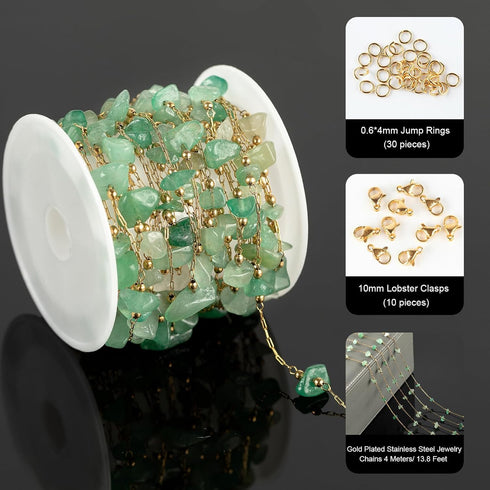 YOUBEIYEE 13 Feet Green Stone Chains for Jewelry Making Gold Plated Stainless Steel Jewelry Chain Roll Handmade Natural Healing Gemstone Chain Nec...
