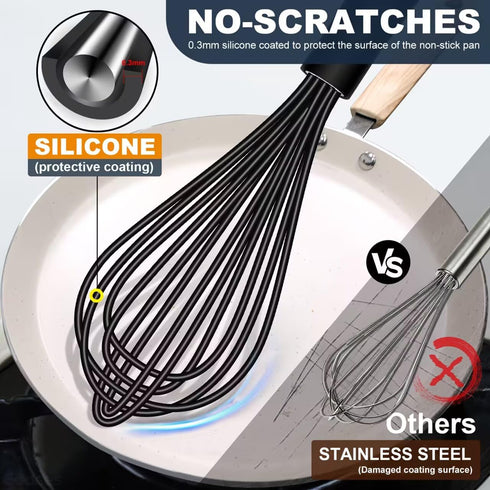 Silicone Whisk,Whisk Non Scratch Whisk for Nonstick Cookware, 5+7+9+11in Siliocne Coated Wisk Perfect for Blending,Beating,Stirring and Kitchen Co...