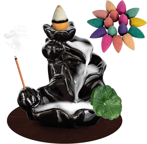 DK177 Waterfall Incense Holder Backflow Cone Ceramic Burner Handcrafted Porcelain Censer Incense Stick Stand with 20 Free Cones...