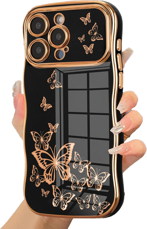 ZTOFERA for iPhone 13 Pro Max Case for Girl Women, Cute Curly Wave Frame with Luxury Plating Butterfly Pattern, Soft TPU Shockproof Raised Lens Pr...