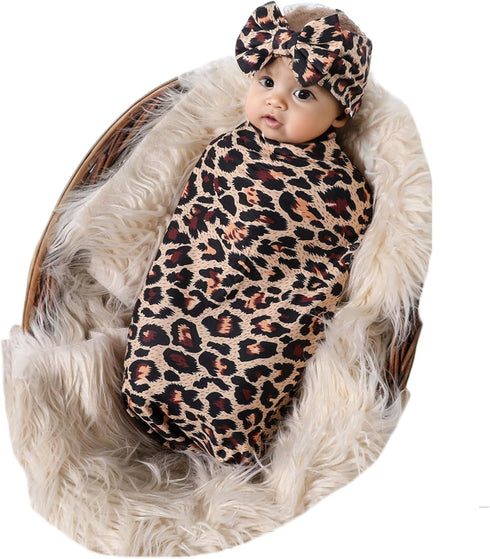 Galabloomer Receiving Blanket Headband Set Flower Print Baby Swaddle Receiving Blankets (leopard)...
