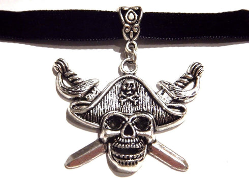 Handmade Jolly Roger Pirate Skull & Crossed Swords Pendant on Black Velvet Choker Necklace...