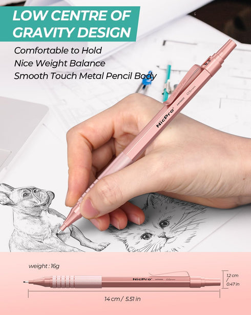Nicpro 0.5mm Mechanical Pencils Set with Case, 3PCS Metal Mechanical Pencil, Pastel Aesthetic Drafting Pencils With 480PCS HB 2B Lead Refills, 3 E...