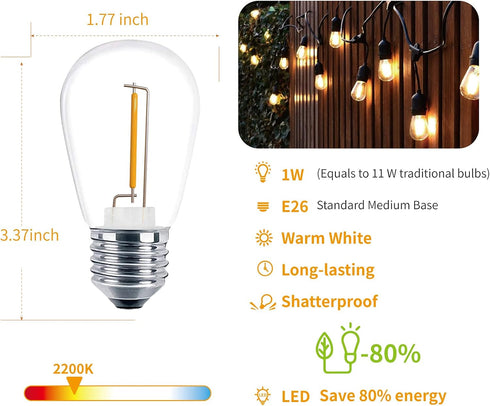 24 Pack LED S14 Replacement Light Bulbs, Shatterproof Waterproof 1W Outdoor String Light Bulbs, E26 Medium Base, 2200K Warm White, 11w Equivalent,...