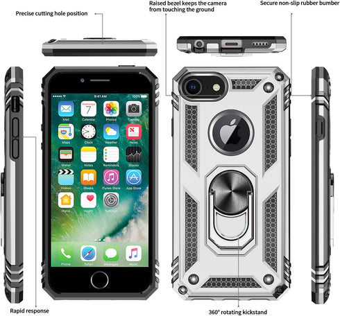 LeYi Compatible for 8/7/6s/6 Case (2 Pack), Silver, Cellular Phone Case with Tempered Glass Screen Protector & Kickstand Ring...