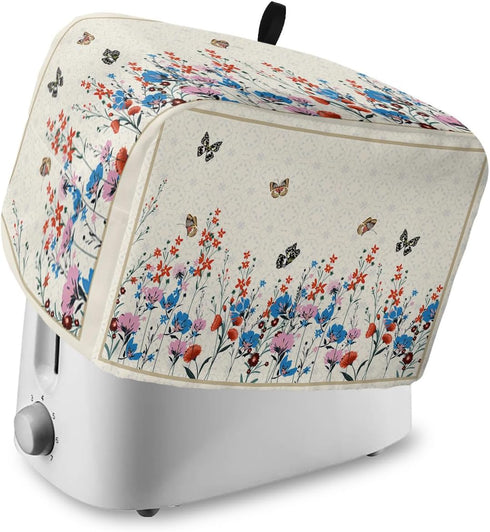 2 Slice Toaster Cover, Bread Machine Cover Spring Pink Blue Flower Butterfly Rustic Kitchen Appliance Dust Cover with Top Handle Fingerprint Prote...