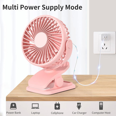 Portable Clip on Fan, 360° Rotate Battery Operated Stroller Fan, 3 Speed Quiet Mini Personal Desk Fan, USB Rechargeable Clooing Fan for Outdoor Ca...