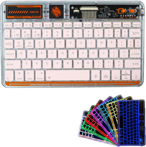 Portable Bluetooth Keyboard 7-Colors RGB Backlit Mini Keyboard, Rechargeable Ultra-Slim Tablet Keyboard for Windows/IOS/Android-Transparent Pink...