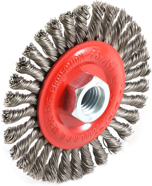 Forney 72760 Wire Wheel Brush, Stringer Bead Twist with 5/8-Inch-11 Threaded Arbor, 4-Inch-by-.020-Inch...