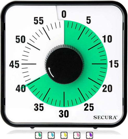 Secura 60-Minute Visual Countdown Timer, 7.5-Inch Oversize Classroom Visual Timer for Kids and Adults, Durable Mechanical Kitchen Timer Clock with...