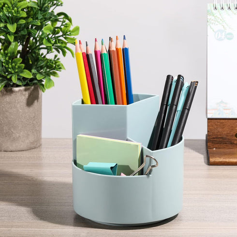 LoveBB 360 Rotating Pencil Pen Holder - 3 Slot Makeup/Cosmetics Brushes Storage Organizer Cup for Desk Table Vanity Countertops, Blue...