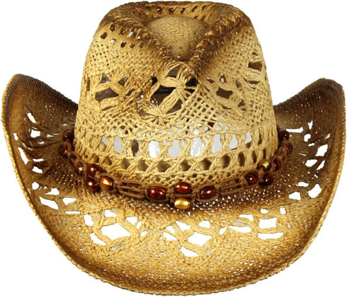 Shapeable Toyo Straw Cowboy Hat w/Beaded Trim Band, Western Cowgirl, Natural, One Size...