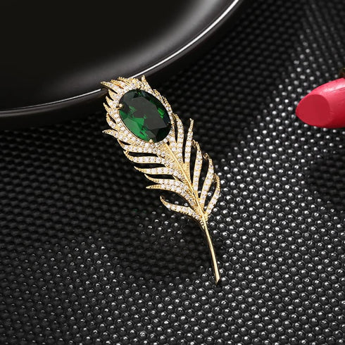 14K Gold Plated Feather Brooch Pin for Women Men With Simulated Emerald Cubic Zirconia Rhinestone Lapel Suit Badges Brooches Pins Fashion Delicate...