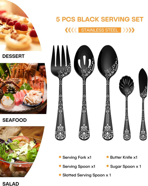 EUIRIO 5 PCS Black Serving Utensils Set, Stainless Steel Hostess Serving Set, Include Serving Spoon, Slotted Serving Spoon, Serving Fork, Sugar Sp...