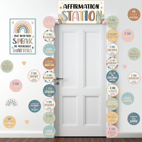 32 PCS BOHO Affirmation Station Bulletin Board Set Positive Posters for Classroom Growth Mindset Decorations Inspirational Motivational Accent Cut...