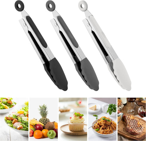 7 Inch Mini Tongs, Pack of 3 Short Small Silicone Tongs, Stainless Steel Tongs with Silicone Tips for Cooking, Barbecue, Buffet Serving (7", Black...