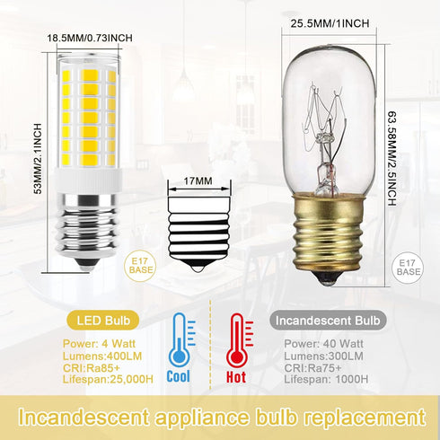 E17 LED Bulb Dimmable, Microwave Light Bulbs Under Hood, 40W Incandescent Replacement, 4000K Natural White, 120V 4W 400LM Appliance Bulbs for Stov...