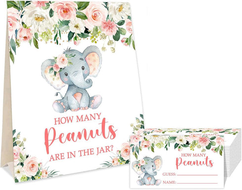 Yuzioey Pink Elephant Guess How Many Peanuts Baby Shower Game, 50 Cards and Matching Standing Sign, Girl Elephant Baby Shower Guessing Game...