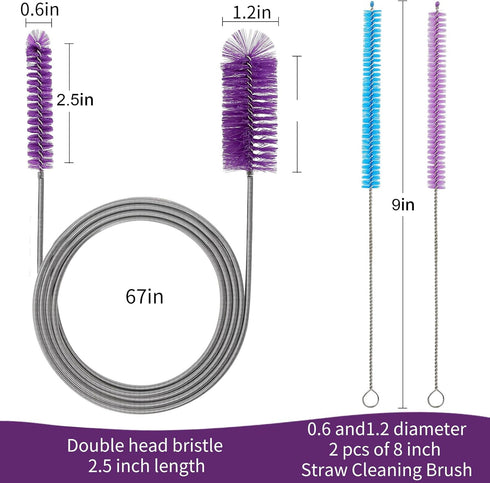 Pipe Cleaner Brush Flexible Long Drain Brush, Double Elastic Ended Nylon Cleaner Hose Tube 67 inch Stainless Steel and 9 inch Straw Cleaning Brush...