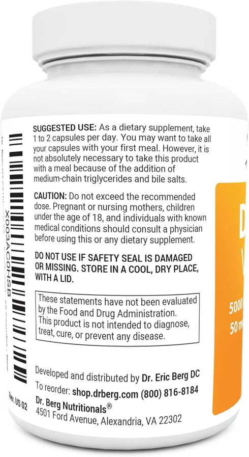 Dr. Berg D3 K2 Vitamin 5000 IU w/MCT Oil - includes 50 mcg MK7 Vitamin K2, Purified Bile Salts, Zinc & Magnesium for Ultimate Absorption - K2 D3 V...