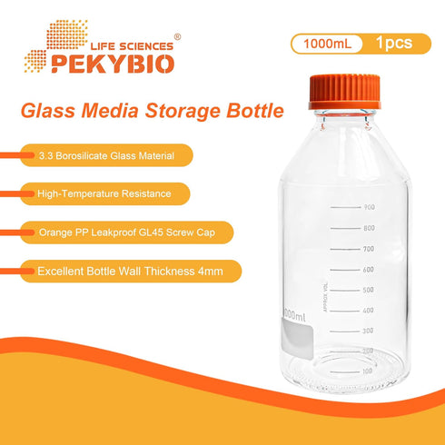 Glass Media Bottle 1000ml Round Storage Bottles 3.3 Borosilicate Glass Regent Bottles with PP GL45 Screw Cap 1 Piece...