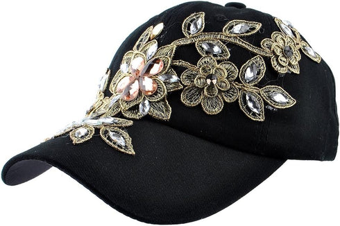 Bling hat, Womens Cute Lace Flowers Baseball Cap with Jewel Rhinestone Bling Hats Jeans Wash Denim Snapback (Black)...