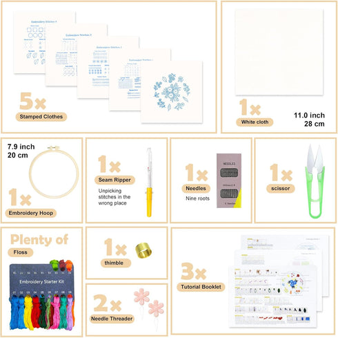 BREENHILL Embroidery Kit for Beginners, 5 Sets with Practice Kit, White Fabric, Tutorial Instructions, Art Craft Kit for Adults & Kids...