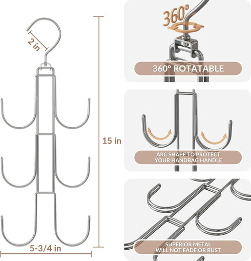 2Pack Purse Hanger Organizer for Closet,Handbag Hanging Organizer for Closet,Rotatable Purse Rack Space Saving Bag Hangers Closet Storage Hooks fo...