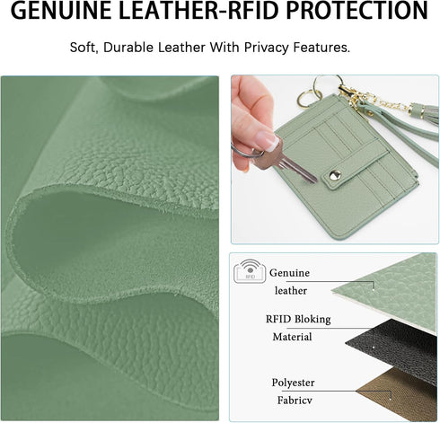 Slim Minimalist Wallet,Genuine Leather Front Pocket Wallets RFID Blocking Credit Card Holder,Card Wallet with Zipper Pocket for Men Women(Green)...