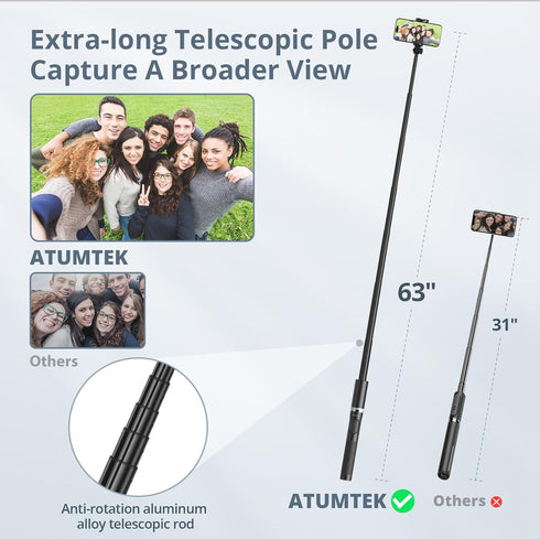 ATUMTEK 63" Phone Tripod, Extendable Selfie Stick Tripod with Bluetooth Remote, All-in-One Aluminum Phone Tripod Stand with Cold Shoe Mount for Go...