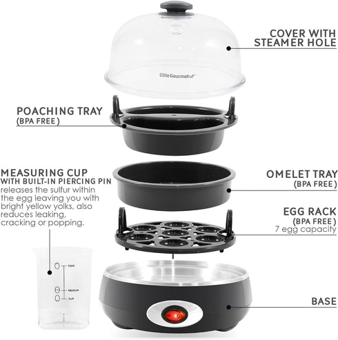 Elite Gourmet EGC007CHC# Rapid Egg Cooker, 7 Easy-To-Peel, Hard, Medium, Soft Boiled Eggs, Poacher, Omelet Maker, Auto Shut-Off, Alarm, 16-Recipe ...