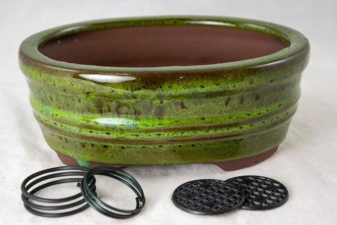 Oval Glazed Cactus & Succulent Planter, Bonsai Pot with Mesh & Wire 6"x 4.5"x 2.5" - Moss Green...