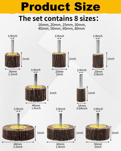 8 Pcs Flap Wheel Sander Set, 1/4" Shank 8Size Flapper Wheel, SHITIME Long-Lasting Cylindrical Shape Sanding Wheel for Removing and Polishing Rust ...