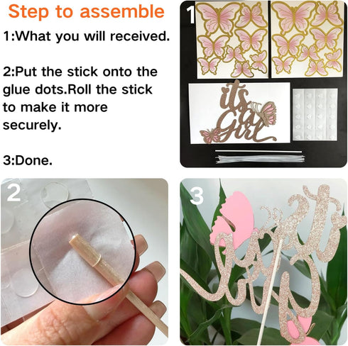 ALISSAR New Double Sided Rose Gold Butterfly Baby Shower Cake Topper Set, It's A Girl Cake Topper and 16 Pieces Pink Butterflies Cupcake Toppers f...