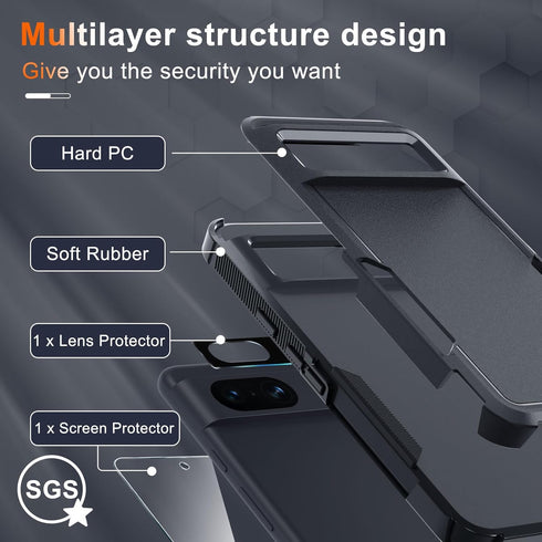 for Google Pixel 8 Case, Full Body Heavy Duty Rugged Shockproof Protective Phone Cover with Wrist Lanyard Strap, Tempered Glass Screen Protector a...