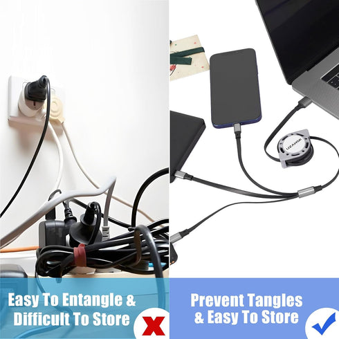 2Pack 4ft Multi-USB Charger Cable Retractable 3-in-1 Multi-Charging Cable Adapter with Type-C/IP/Micro USB Port Connector, Compatible with Cell Ph...