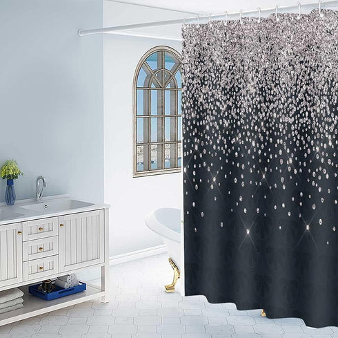Silver Gray Bokeh Gorgeous (No Sparkles or Glitter) Shower Curtain,Falling Snow Night Sky Stars Black Night 3D Printed Fabric Bathroom Curtain wit...