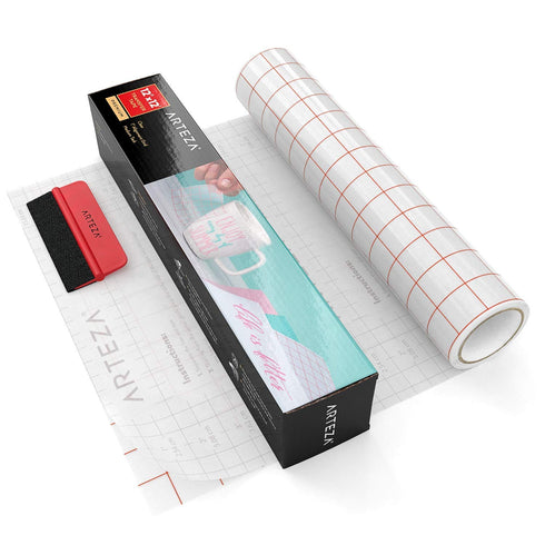 ARTEZA Ultra Clear Transfer Tape Paper with Grid & Squeegee, 12 Inch Wide x 12 Foot Long Roll, for Alignment & Transfer of Adhesive Vinyl for Deca...