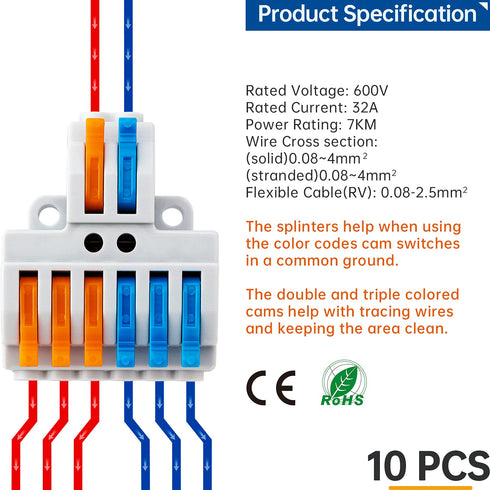 GKEEMARS 10 Pcs Lever Wire Connectors, Quick Wiring Cable Connector Push-in Conductor Terminal Block (2 in 6 Out)...