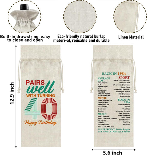 40th Birthday Gifts Wine Bag Congratulations Gifts for Women Men Parents Mom Dad Anniversary Favors 1984 with Time Information Wine Gift Bag...