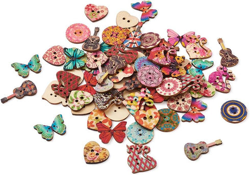 MegaPet 300pcs Assorted Wood Buttons Butterfly Guitar Cat Flat Round Heart Shaped Decorative Button Mixed Painting 2 Holes for Sewing Clothing Cra...