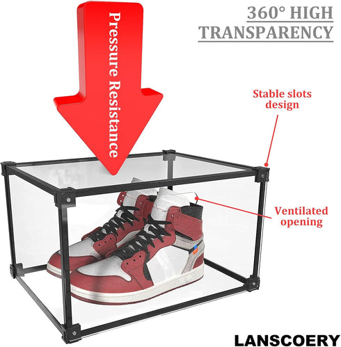 LANSCOERY Shoe Storage Box Stackable Shoe Organizer, Clear Acrylic Foldable Shoe Storage Containers Display Case with Magnetic Side Opening Door f...
