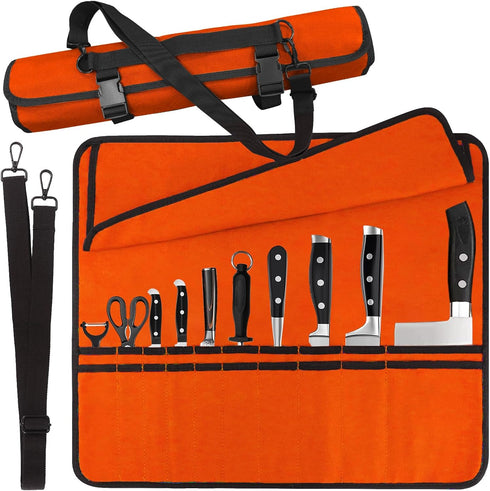 Orange Chef Knife Bag With 20 Slots Cutlery Knives Holders Protectors, Home Kitchen Travel Cooking Tools, Portable Canvas Knife Roll Storage Bag C...